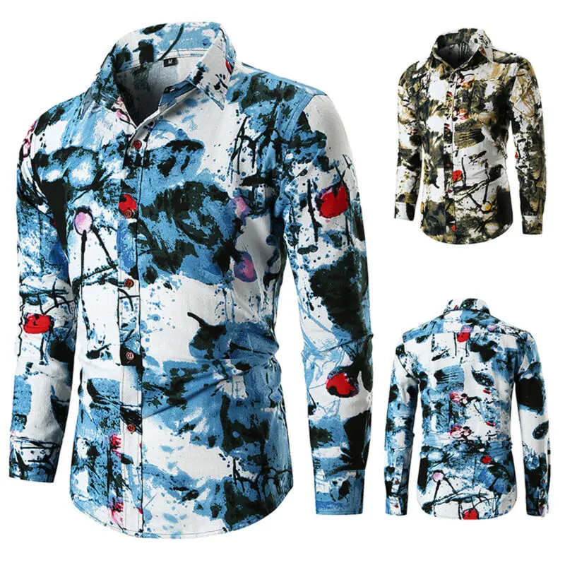 Осенне зимняя модная мужская Повседневная рубашка с цветочным принтом хлопковые