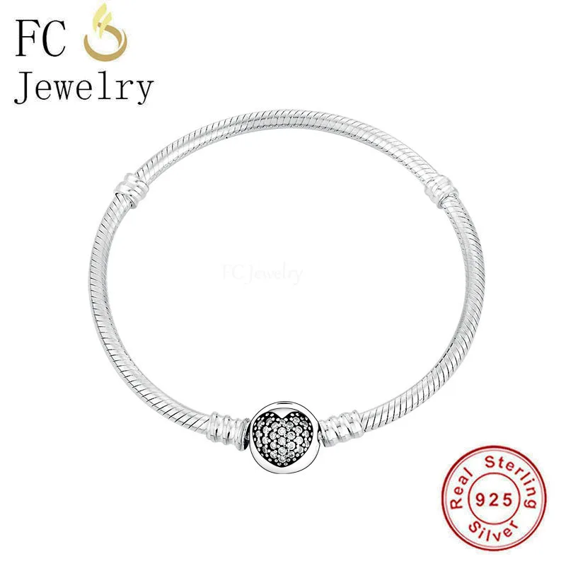 

FC Jewelry 925 Sterling Silver Round Zircon Clip Bangle Bracelet Fit Charm Bead Snake Chain For Women No Brand Logo Berloque New