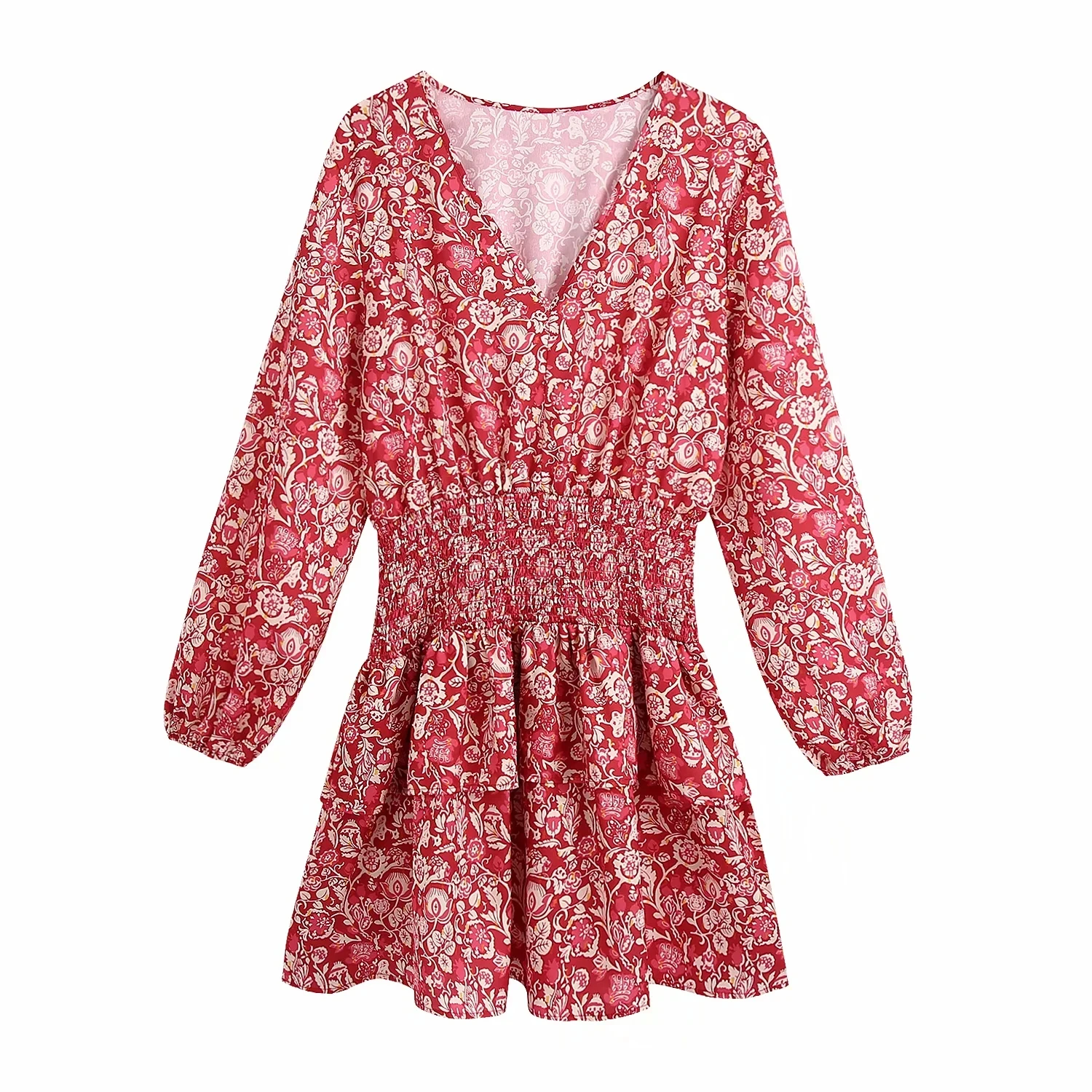 

Xitimeao, новинка, женское лоскутное платье с V-образным вырезом, каскадными оборками, тонкое ТРАПЕЦИЕВИДНОЕ мини-платье с длинным рукавом, плат...