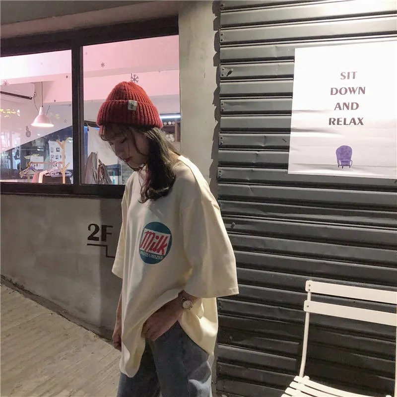 Женские футболки свободные универсальные Ulzzang Harajuku в Корейском стиле для