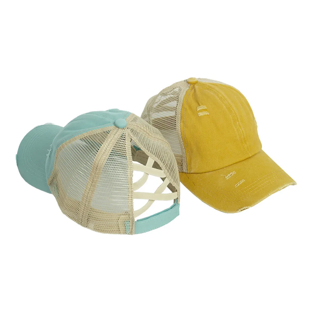 

Fashion Anti Sun Ripped Mesh Ponytail Criss Cross Baseball Cap Adjustable Hat for Women d88