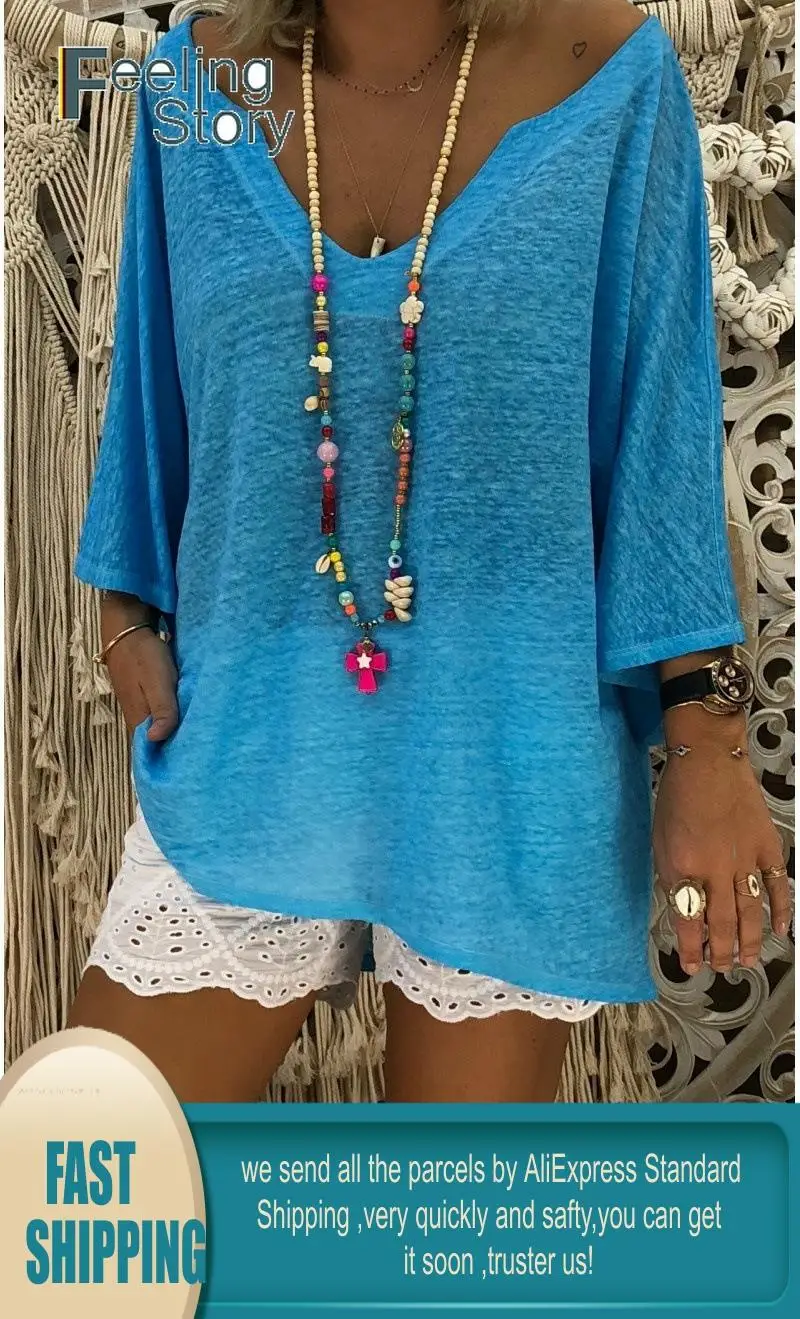 Глубокий V шеи 5X плюс Размеры Boho женские синие топы и блузки элегантный основной