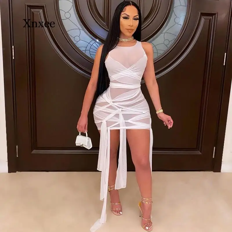 

Летнее женское Бандажное Сетчатое платье без рукавов, женская сексуальная одежда для вечерние, мини-платье, модная одежда