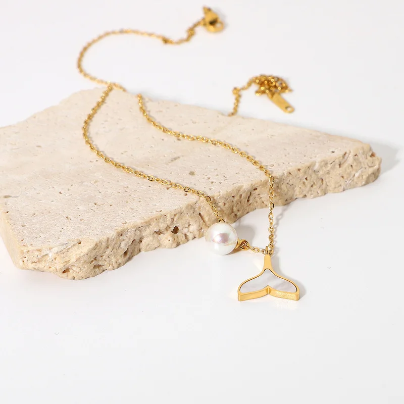 

Minar Elegant Shell Fish Tail Simulation Pearl Pendant Necklace for Women Girls Thin Chain Stainless Steel Necklace Jewellery