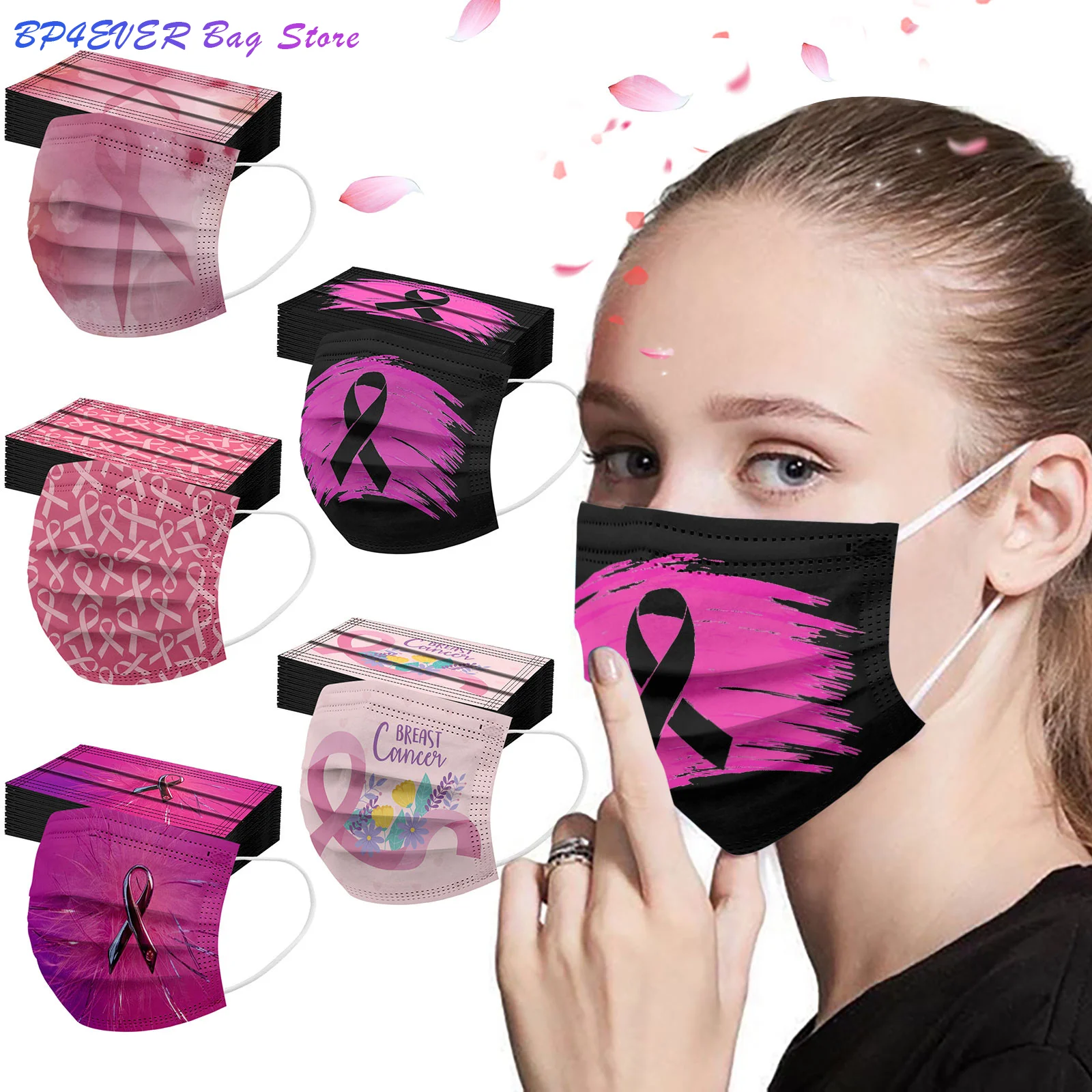 

Adult Disposable Mask Breast Cancer Print Series Caring Mouth-muffle Women Protective Mascarillas 50pc Halloween Cosplay Masque
