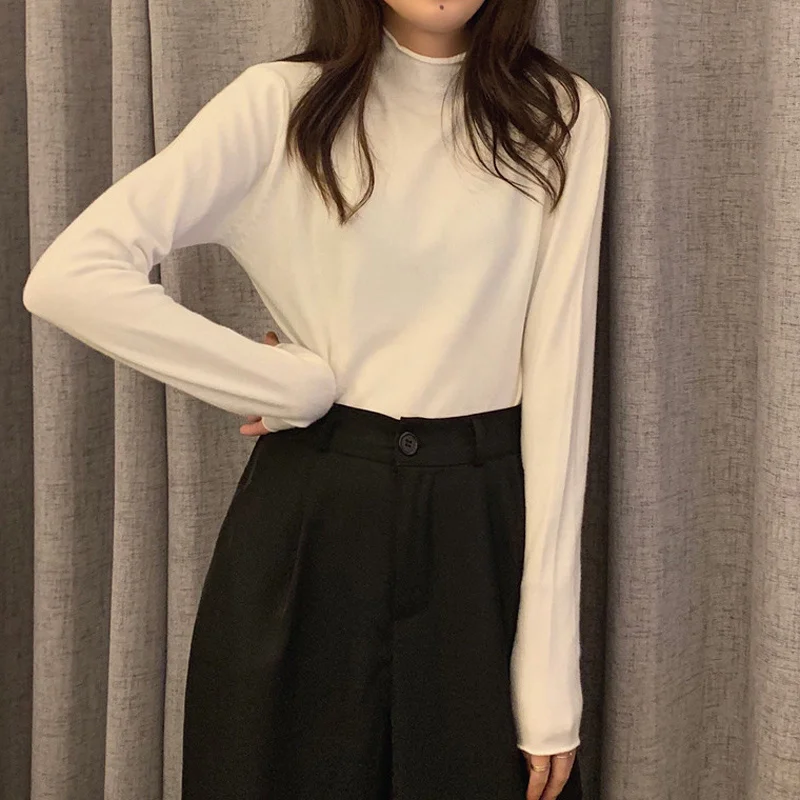 

2021 Half High Collar Bottoming Shirt White Long Sleeve T-shirt Loose Inside with Autumn Winter Women's Top Rac