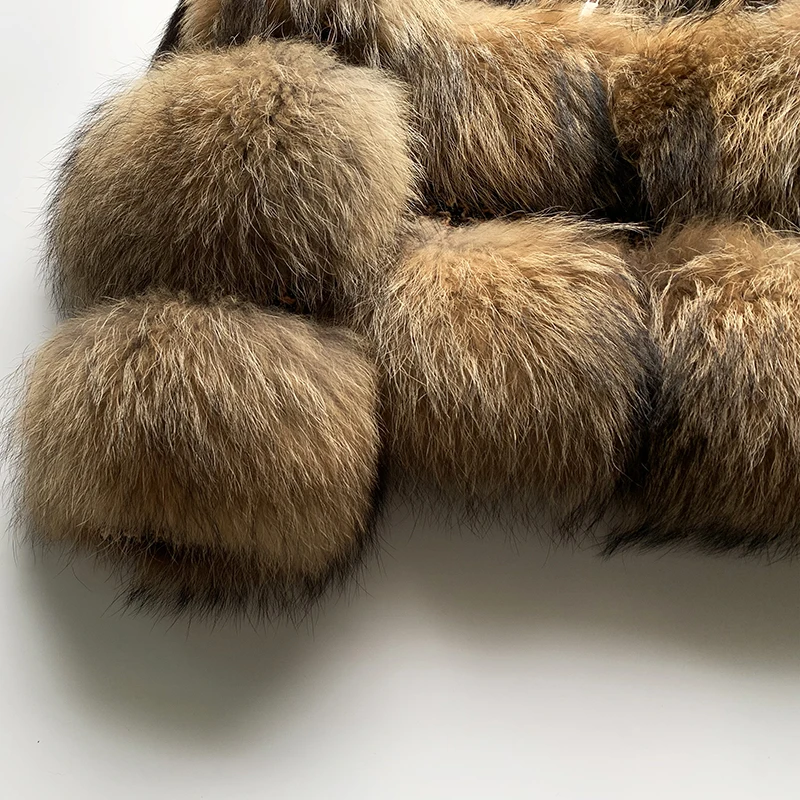 rf1930 Promotion Luxury Full Pelt Natural Raccoon Fur Striped Coat Women Zipper Long Sleeve Winter Real Fur Jacket