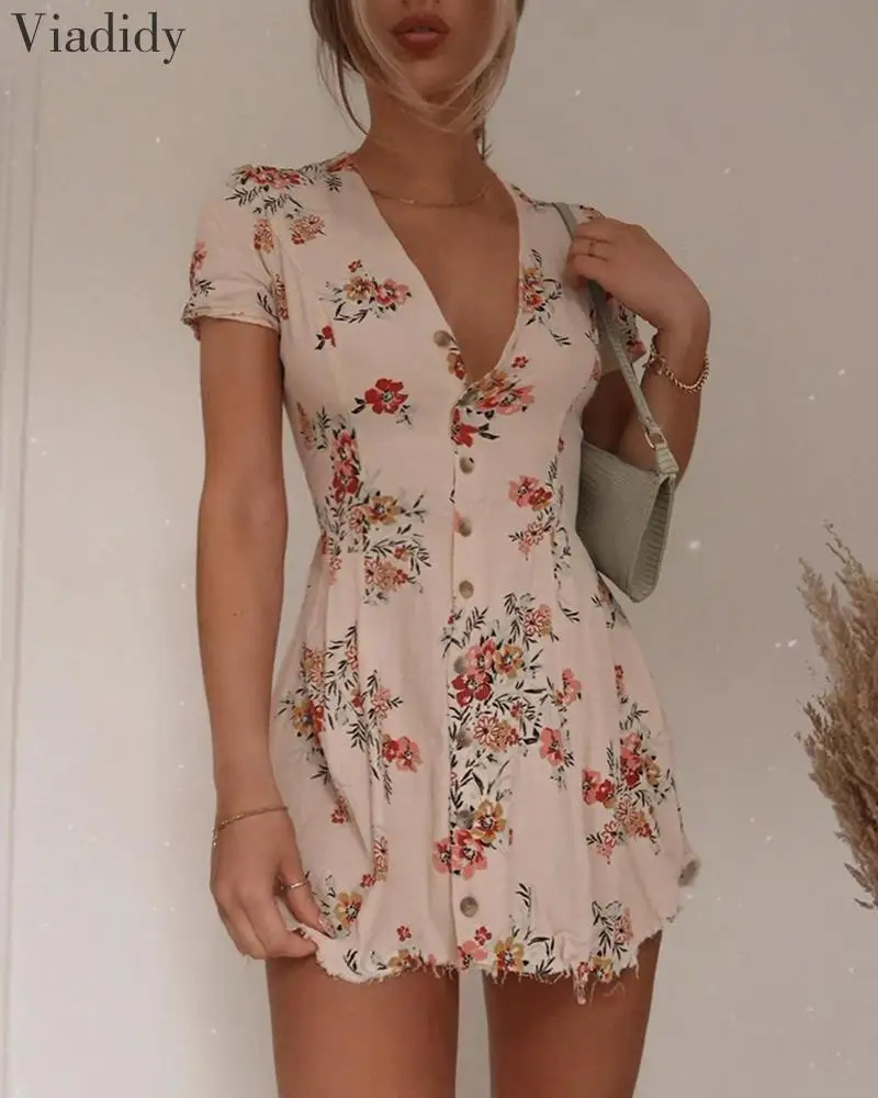 

Women Deep V Neck Floral Print Short Sleeve Mini Dress