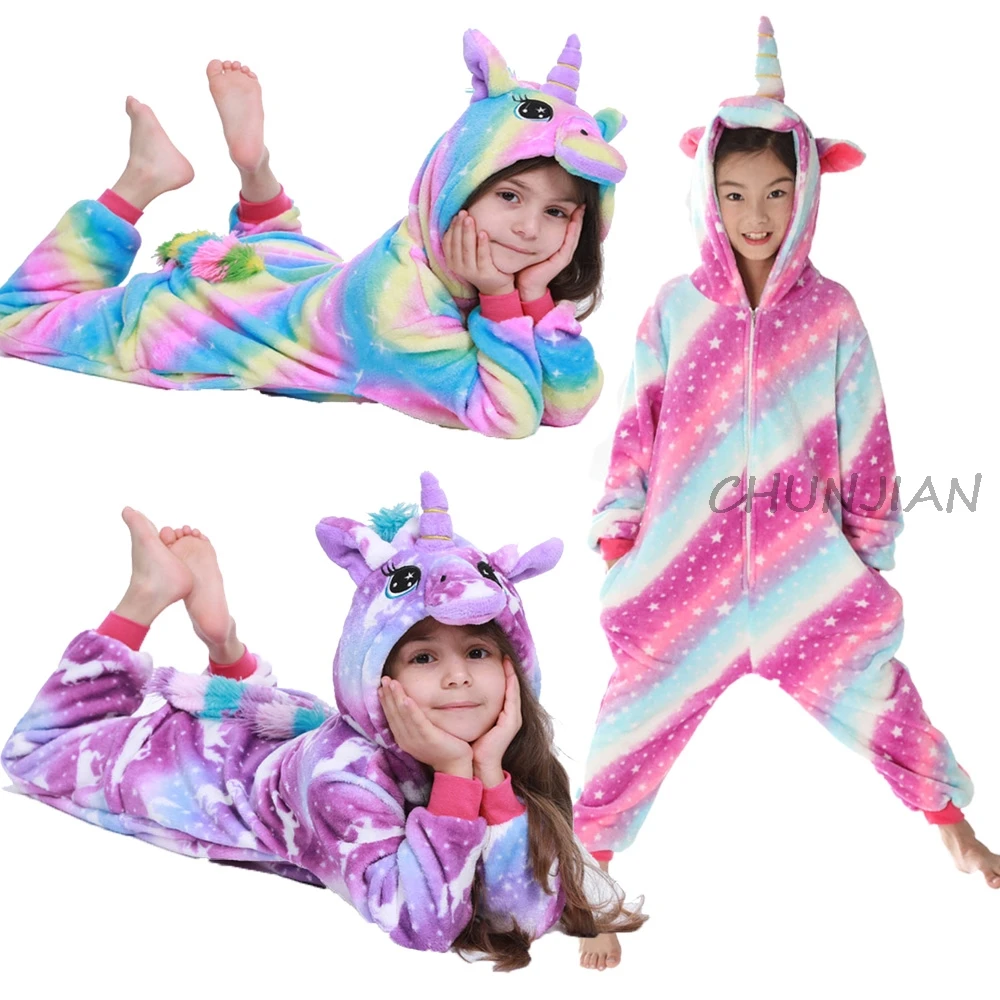Зимние флисовые пижамы с единорогом для маленьких девочек Детские радужным