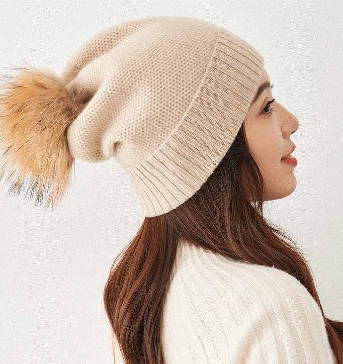 

100% Pure Cashmere Beanie Hat Women Winter Warm Cap Fox Fur Pompom Super Soft Beige Black Grey