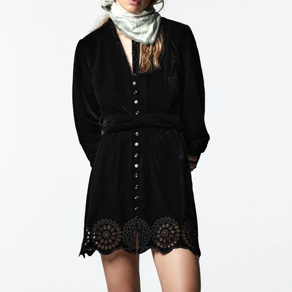 

ZA Women Autumn New Chic Fashion Poplin shirt style Mini Dress Vintage lapel Long Sleeve Female Dresses Vestidos Mujer Velvet