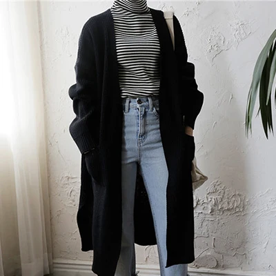 Yocalor Fashion Long Cardigan Women Harajuku Loose Knit Sweater Women Casual Black Oversized Jacket Coat Autumn - Цвет: 3