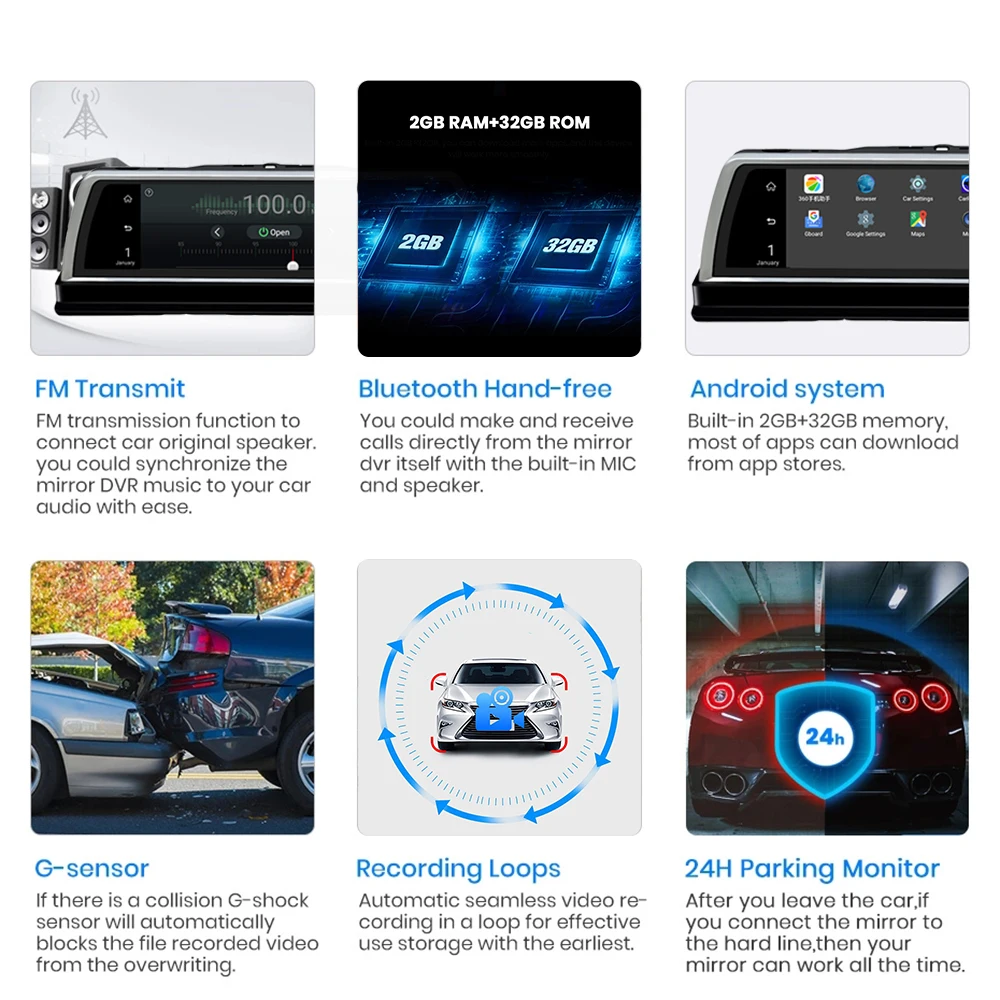 Зеркало заднего вида автомобильное регистратор с камерой 360 ° 4G Android 1080P FHD |