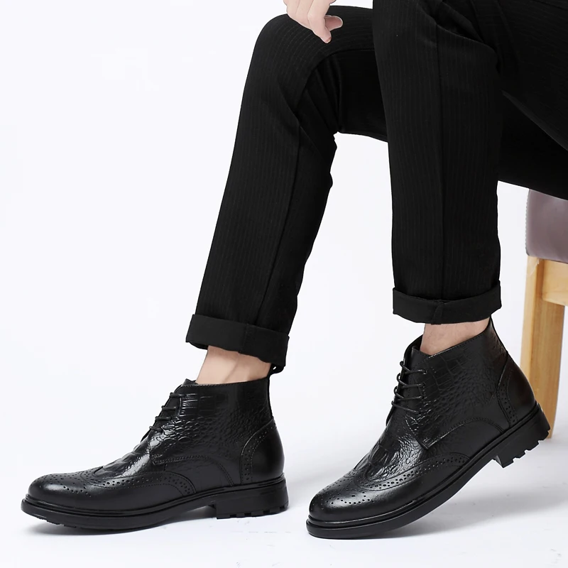 Мужские ботинки из натуральной кожи Теплые ботильоны на меху плюша Уличные