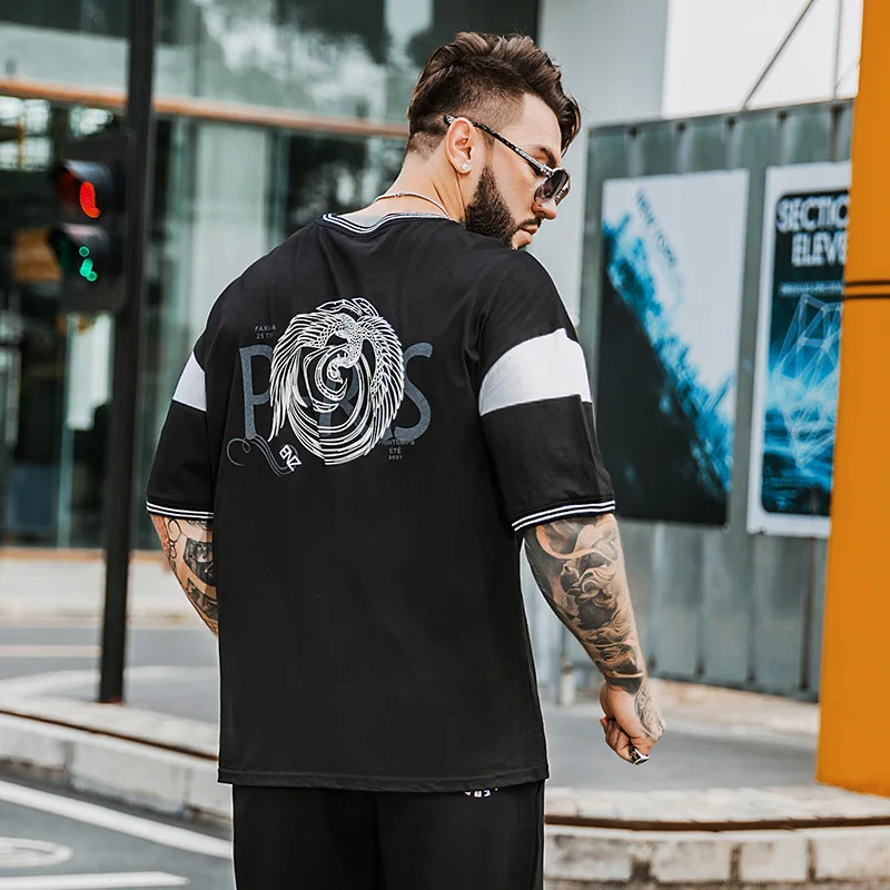 

New 2021 Letter Print Oversized Patchwork T Shirt Men Loose T-shirt Fat man Tops Crew Neck Cotton Casual Tee Shirt Clothes