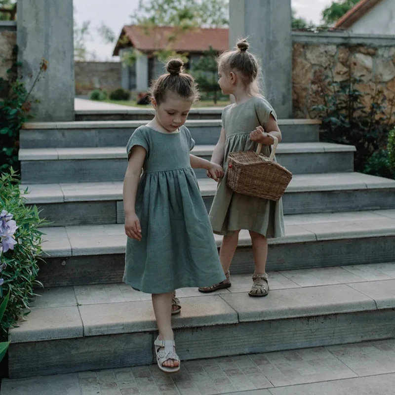 Новинка 2022 льняное платье для девочек в сельском стиле с цветами летние платья