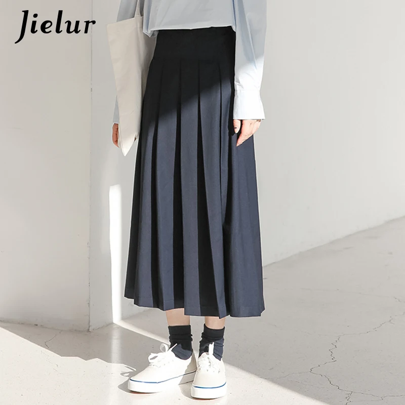

Jielur темно-синяя плиссированная юбка в Корейском стиле модная женская юбка с высокой талией для женщин 2021 новые летние А-образного силуэта с...