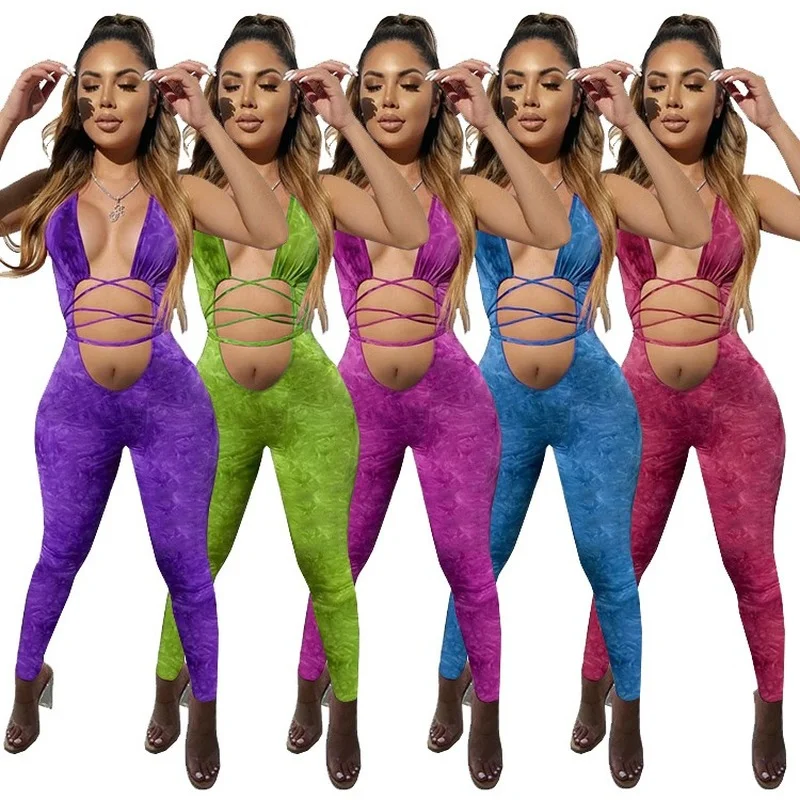 

Adogirl Woman Tie Dye Print Criss-Cross Lace Up Bandage Jumpsuit Sexy V-neck Romper SKinny Bodycon Sleeveless Night Club Outfits