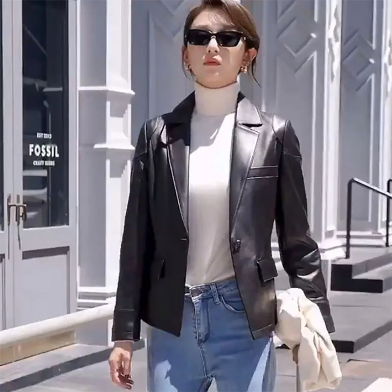 2021 Genuine Leather Women's Spring Jacket Female Black Fashion Real Leather Sheepskin Coat  Turn-down Collar Office Ladies New