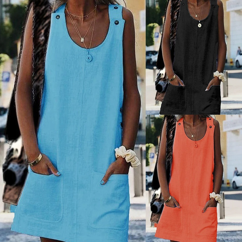 

Cotton Linen Dress Flax With Buttons Strap Casual Wear Scoop Neck Dress Loose Sleeveless Big Size 5xl Women Dress Big Pockets