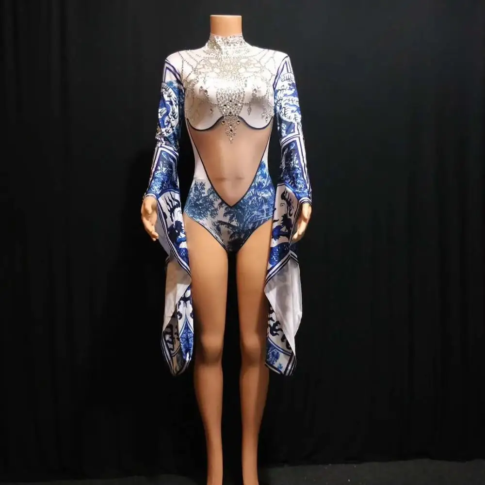 Chinese Style Porcelain Pattern Stage Bodysuits Women Bell Sleeve Rhinestones Jumpsuit Party Dancer Leotard Performance Costumes