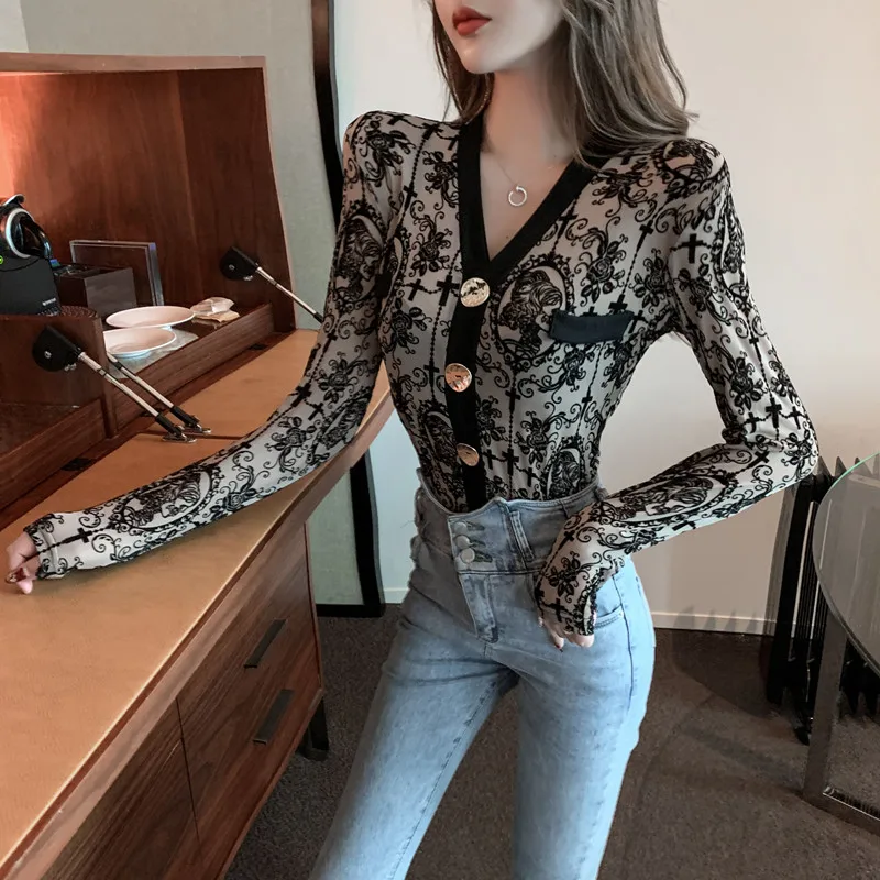 

Spring Mesh Lace Perspective Black V-neck Tops Ladies Fashion Brand Slim Shirts Sexy Women Blouses New Blusas Mujer De Moda