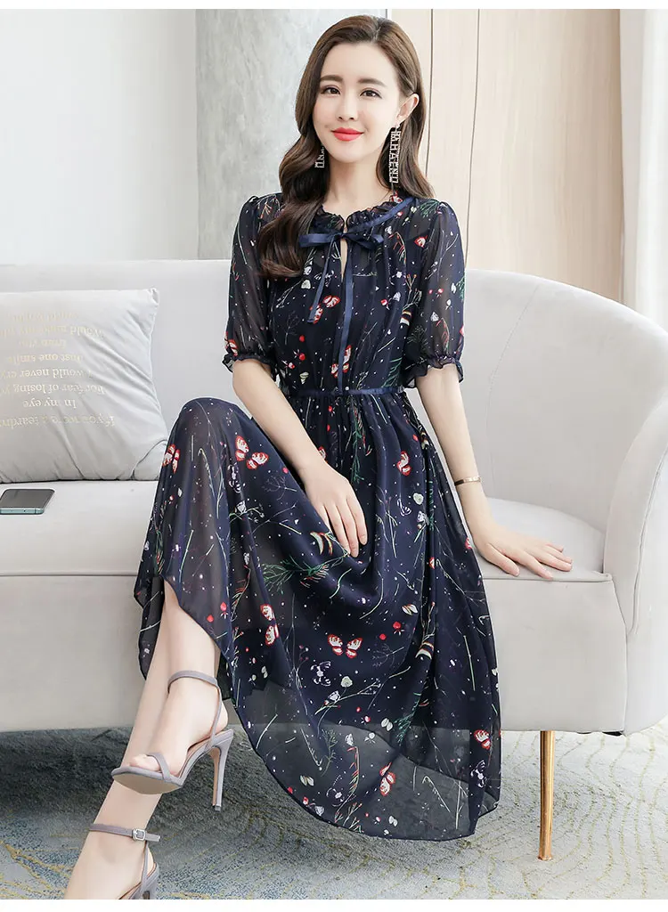 

Houthion Women's Oversized Dresses Chiffon Plus Size Loose Dress Summer New Print A-LINE Knee-Length Fashion Bosmia O-neck