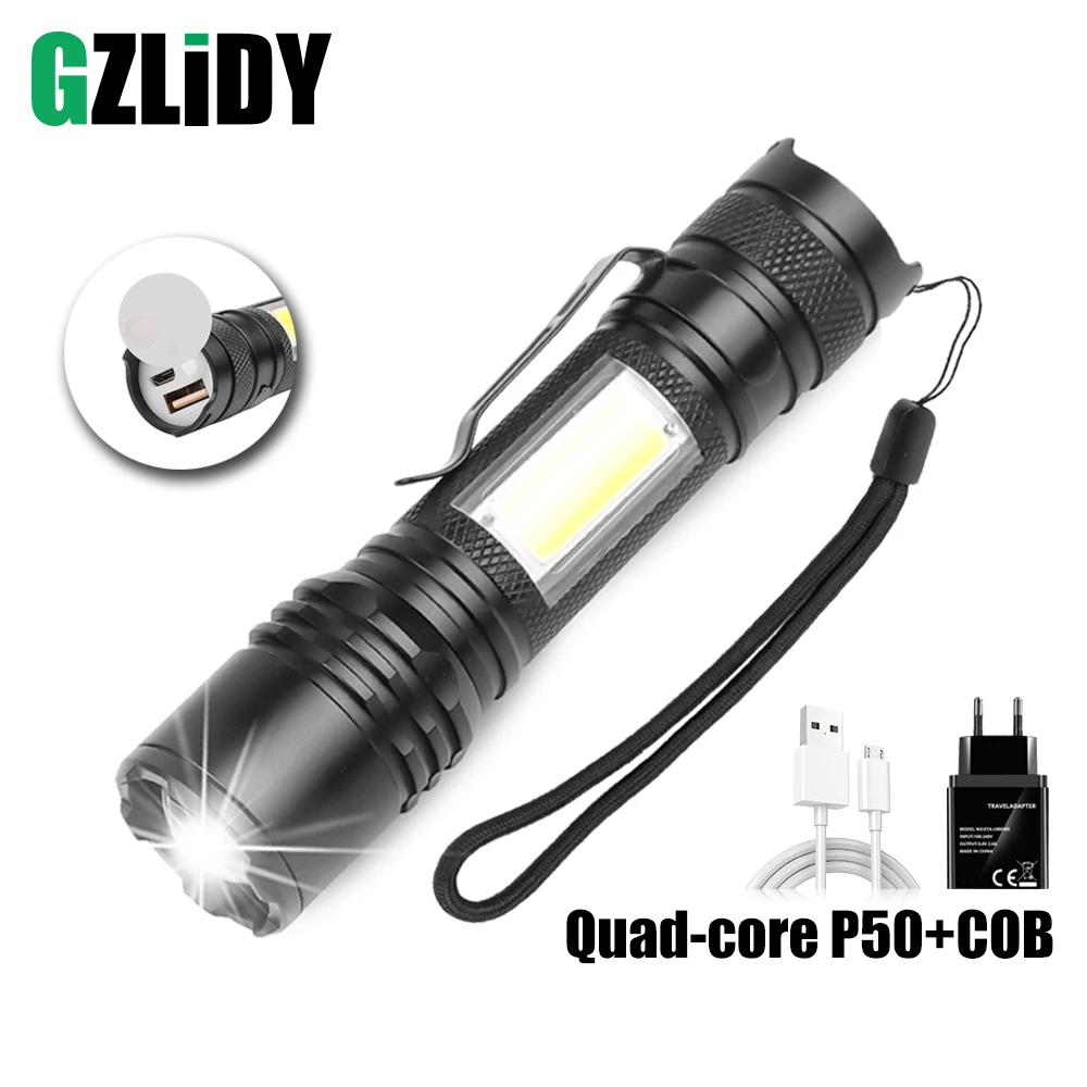 

Мощсветильник светодиодный фонарик, портативный мини-фонарик с COB матрицей, водонепроницаемый телескопический зум, Рабочий фонарь с USB, 4 ре...