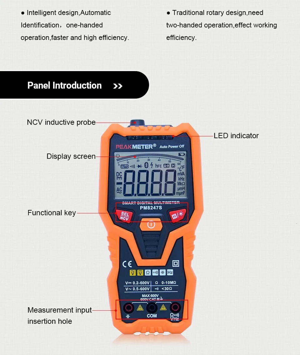 PEAKMETER DC/AC Умный полный автоматический Диапазон Цифровой мультиметр NCV Частота Температура Емкость тестер PM8247S/PM8248S