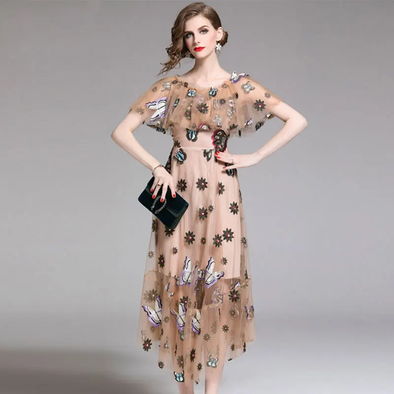 

Women Butterfly Embroidery Mesh Dress Runway Vintage Work Sexy Evening Party Dresses Casual Slim Maxi Long Vestidos