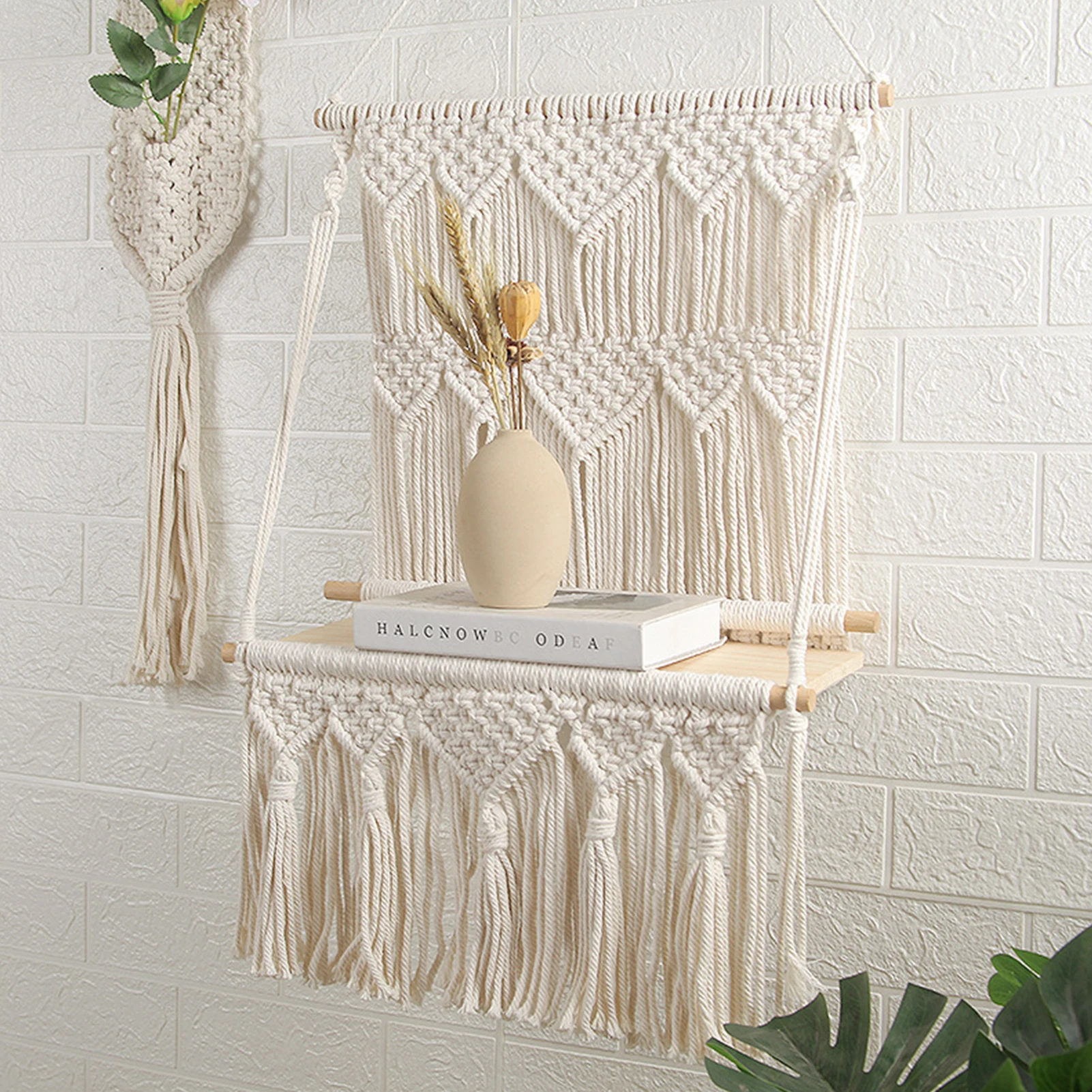 

DIY Handmade Tassel Macrame Tapestry Wall Hanging Shelf Boho Cotton Rope Woven Plant Hanger Wood Floating Shelf Wall Decor