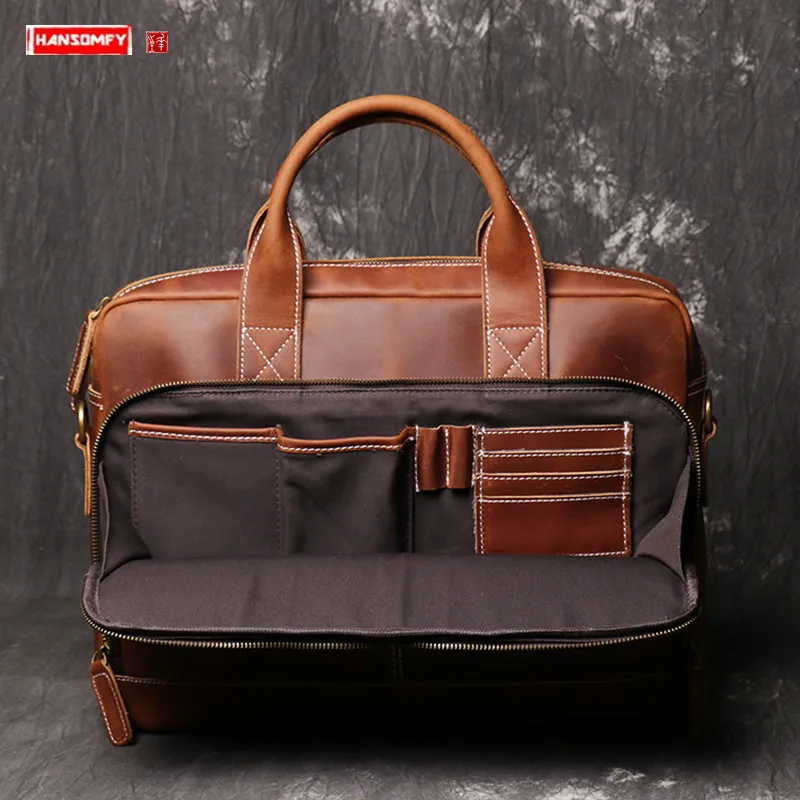 New Genuine Leather Men Handbags 14 15.6 Inch Laptop Bag Shoulder Diagonal Briefcase Large Capacity Male Schoolbag Travel Bags