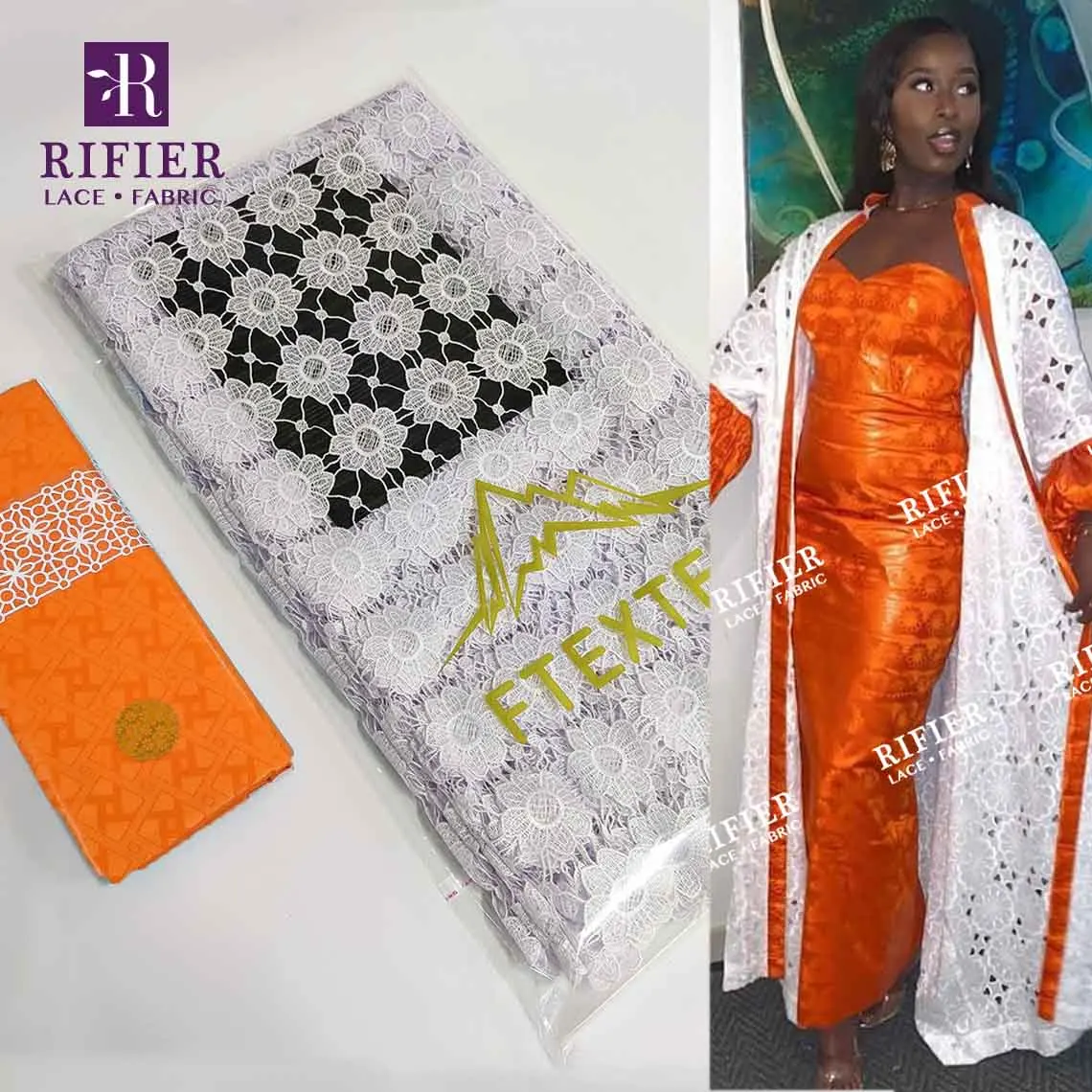 Orange And White Dry Lace With Rhinestones And Bazin Riche Fabric For African Women Swiss Voile Lace Fabric Top Quality Bazin