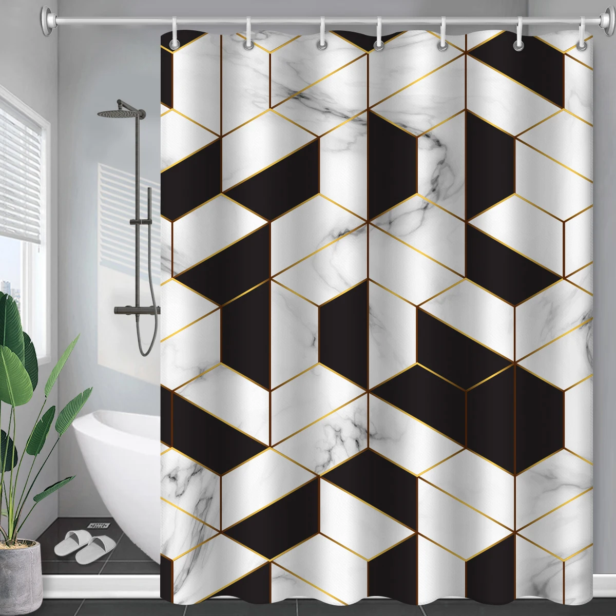 Marble Black And White Long Shower Curtain Bathroom Geometric Modern Waterproof Duschvorhang Bathroom Accessories Curtains Hooks