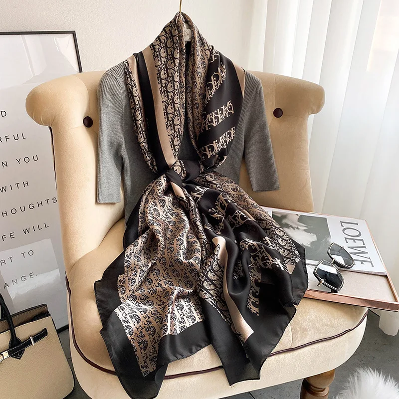 2021 New Silk-like Retro Fashion Scarf Women's Korean-Style Simple and Elegant Shawl Decoration Women's Summer Sunscreen Scarf