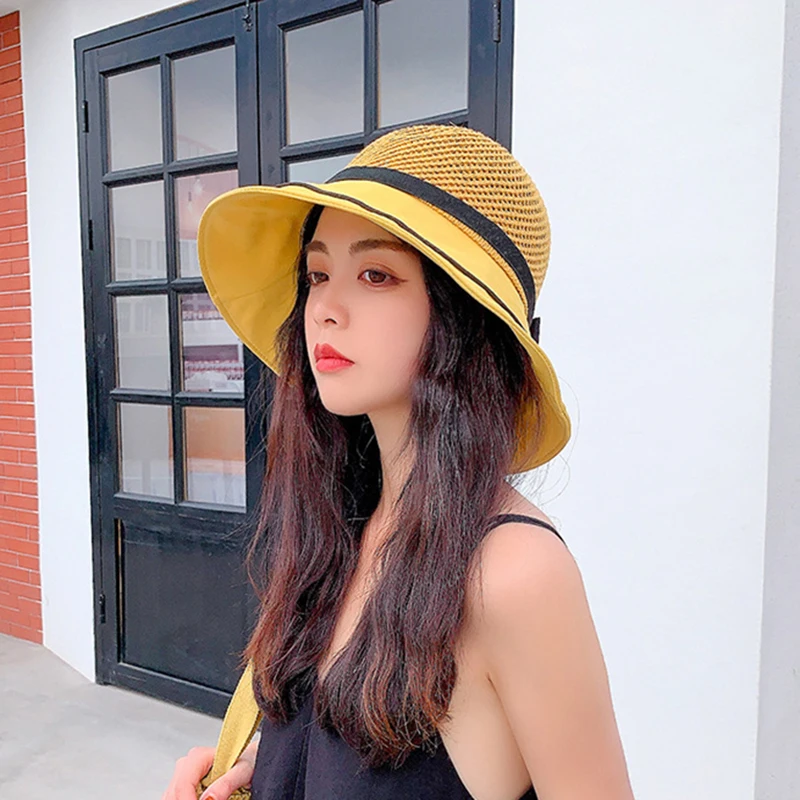 

Шляпка от солнца с бантом женская, складная пляжная Панама с широкими полями и защитой от ультрафиолета, с отверстиями, летняя