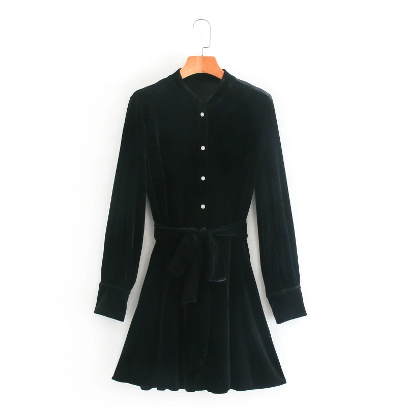 

Women Single Breasted Sashes Velvet Mini Dress Casual Femme Long Sleeve Clothes Lady Loose Vestido D6639