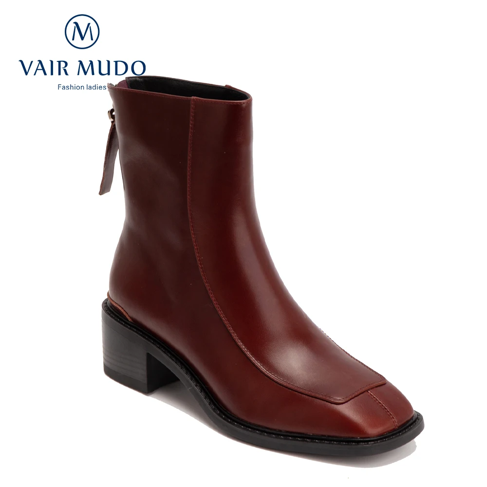 

VAIR MUDO Ankle Boots Shoes High Heels Concise Autumn Winter Elegant Fashion Black Solid Square Toe Sewing Boots Shoes WM-X212-C