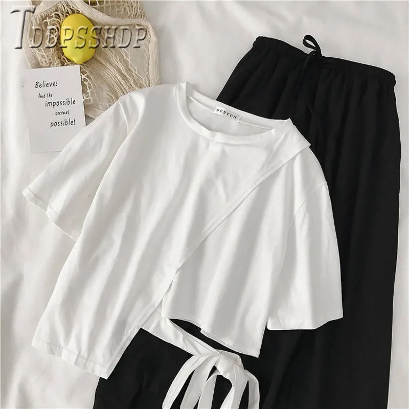 2020 New Summer Women Sets Bandage Short Sleeve T Shirt And High Waist Skirt Female |