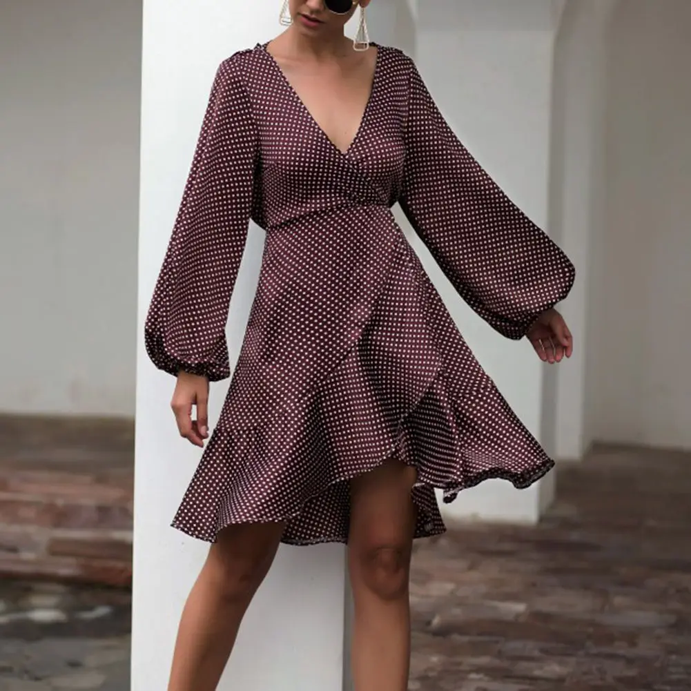 

Women Polka Dot Irregular Ruffled Dress V-neck Long Sleeve Dress Summer Party BMF88