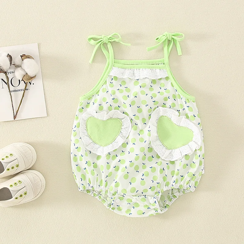 

Infant Girl Summer Casual Cute Floral Sling Bodysuits Newborn Princess Baby Lace Collar Heart-shaped Patch Decoration Outfits
