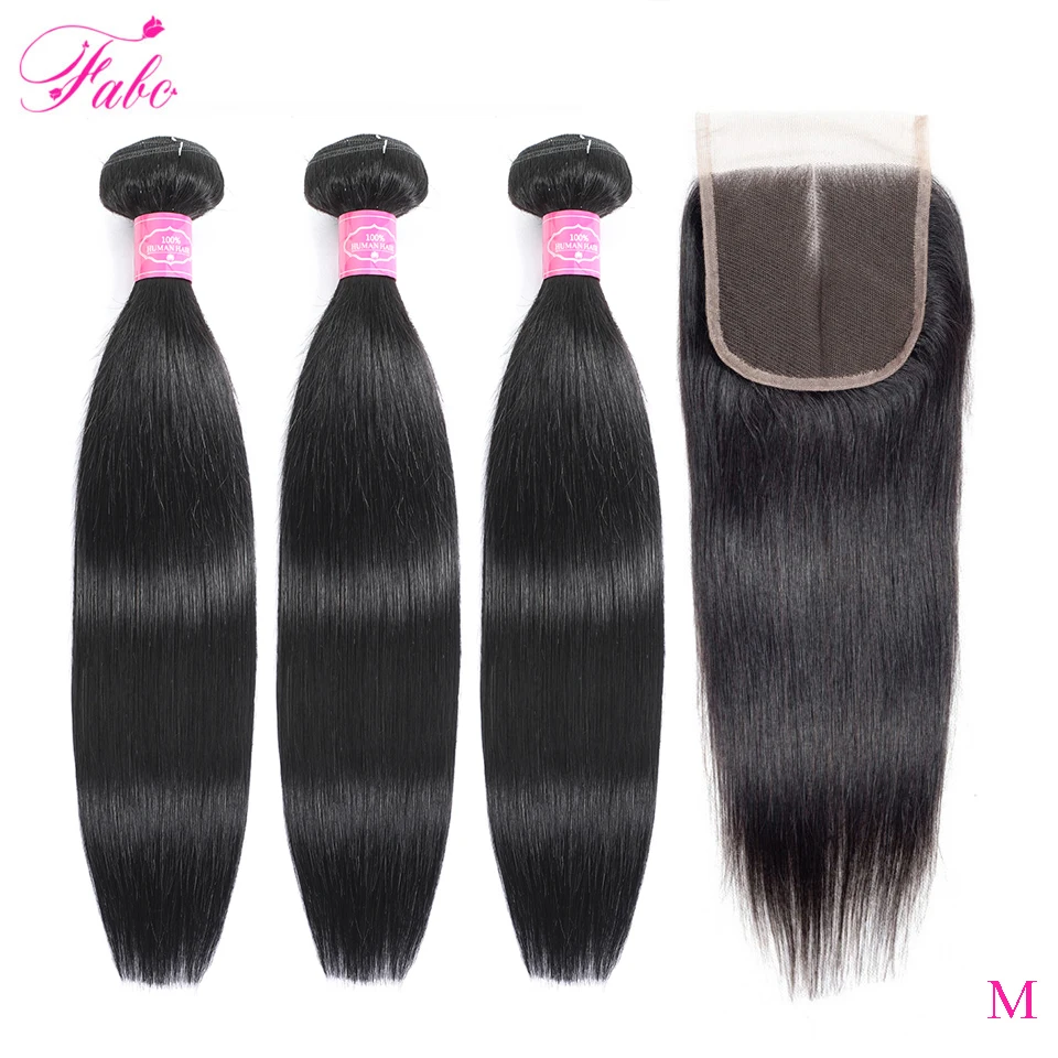 Fabc Hair Brazilian Straight Hair Bundles With Closure Pre Plucked 3/4 Bundles Natural Black Non-remy Human Hair Free Shipping