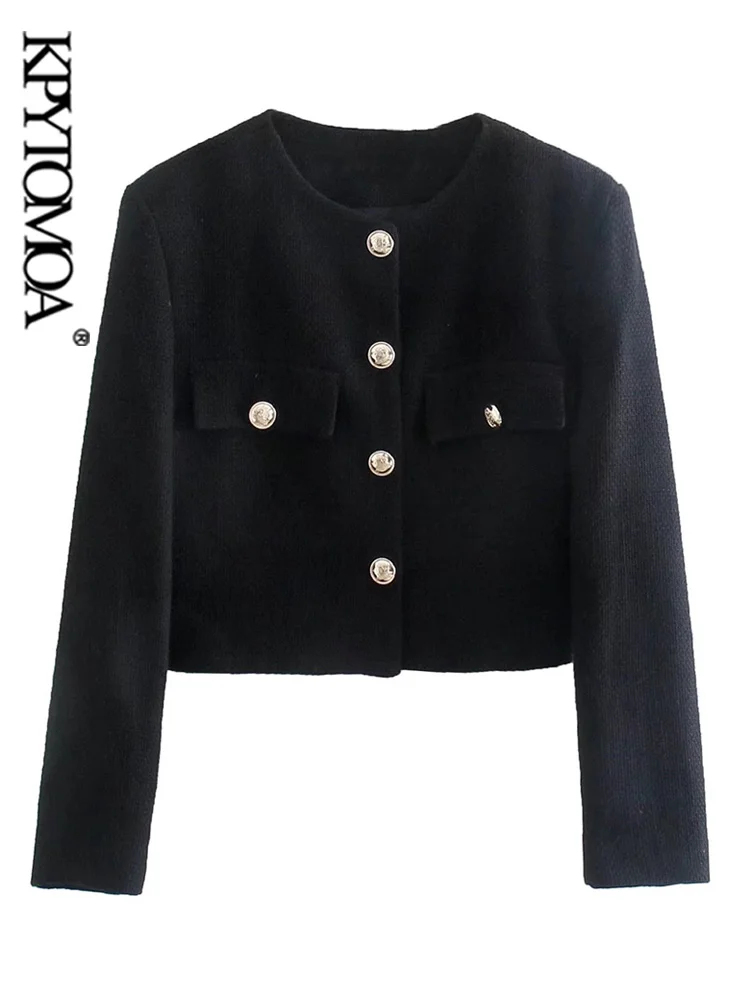 

KPYTOMOA Women Fashion With Golden Buttons Tweed Cropped Jacket Coat Vintage O Neck Long Sleeve Female Outerwear Chic Tops