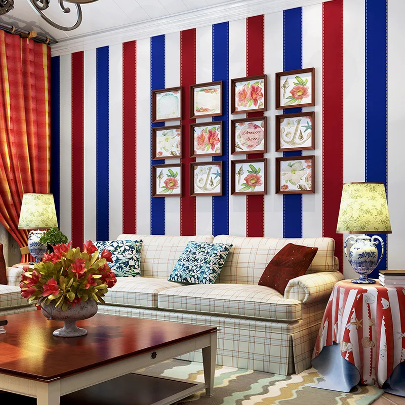 

European Wallpaper Retro Bedroom Children'S Room Wall Sticker Red Blue Vertical Stripes British Style Wallpaper 0.53 M * 10M