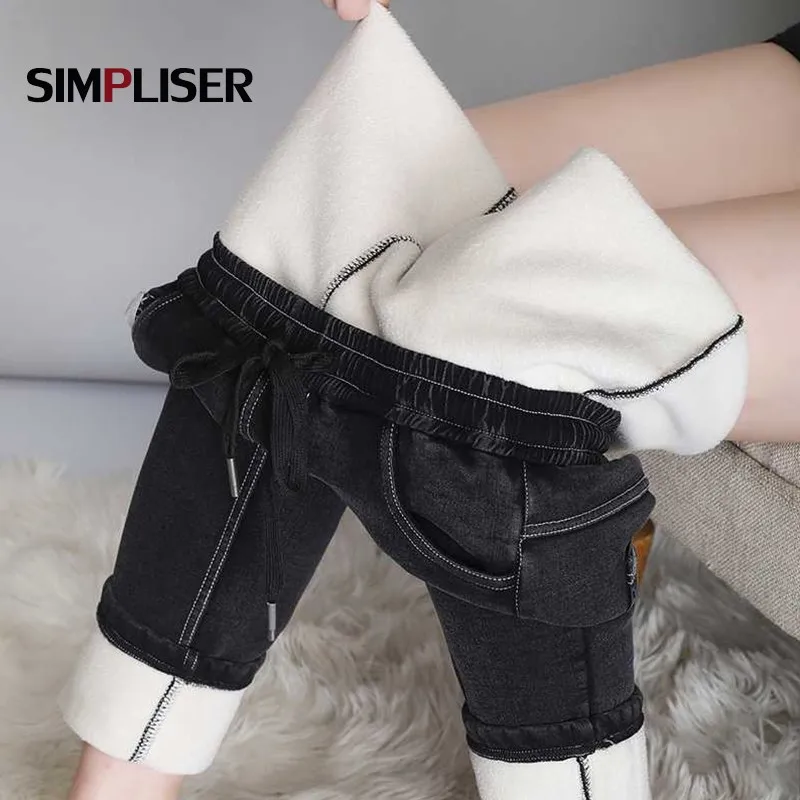 Женские джинсовые брюки плотные теплые флисовые штаны женские джинсы с
