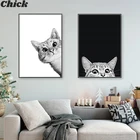 Милая кошка, черно-белая кошка, животное, живопись, холст, настенное искусство, скандинавский минималистический мультяшный декор для спальни, гостиной, дома