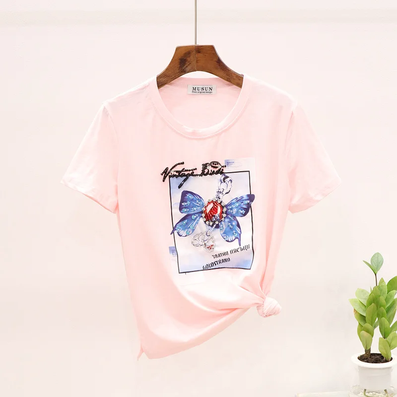 Летняя мода 2020 расшитая бисером Блестящая футболка с бабочкой Женская свободная