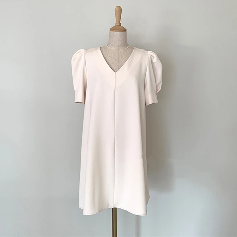 

New 2021 Women's Summer Dresses V-Neck Elegant Vintage Oversize Korean Style Puff Sleeve Lady Wild Mini Dress