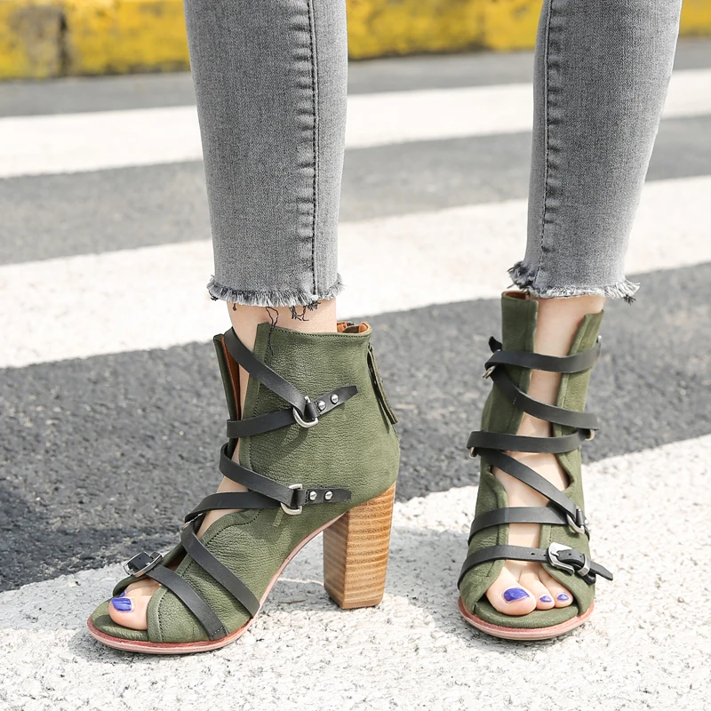 

2021 New Women Sandals 9CM Chunky High Heel Shoes Woman Peep Toe Summer Boots Straps Hollow Out Gladiator Sandal Women Pumps