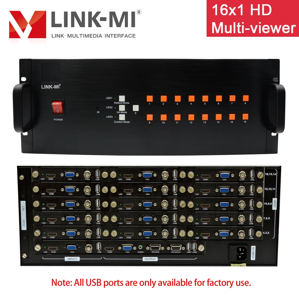 Фото LINK-MI 16-канальный видеорегистратор монитор HD видео синтезатор 16x1 HD Multiviewer HDMI VGA BNC вход CVBS сигнала пульта дистанционного управления RS232 1920x1080p №4